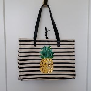 Kate Spade Black and Cream Striped Tote with Pineapple Design